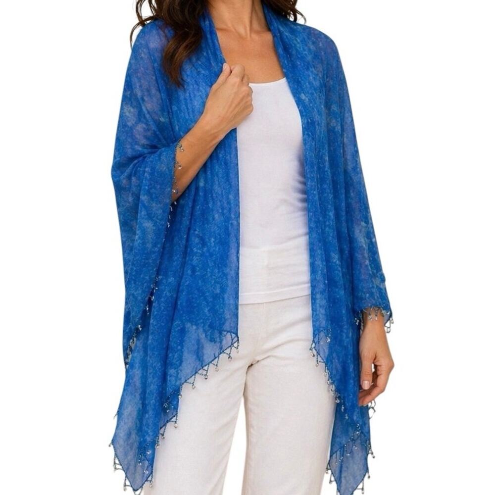 Blue Sheer Wrap Shawl Beaded Trim Lightweight Scarf‎ 70x39